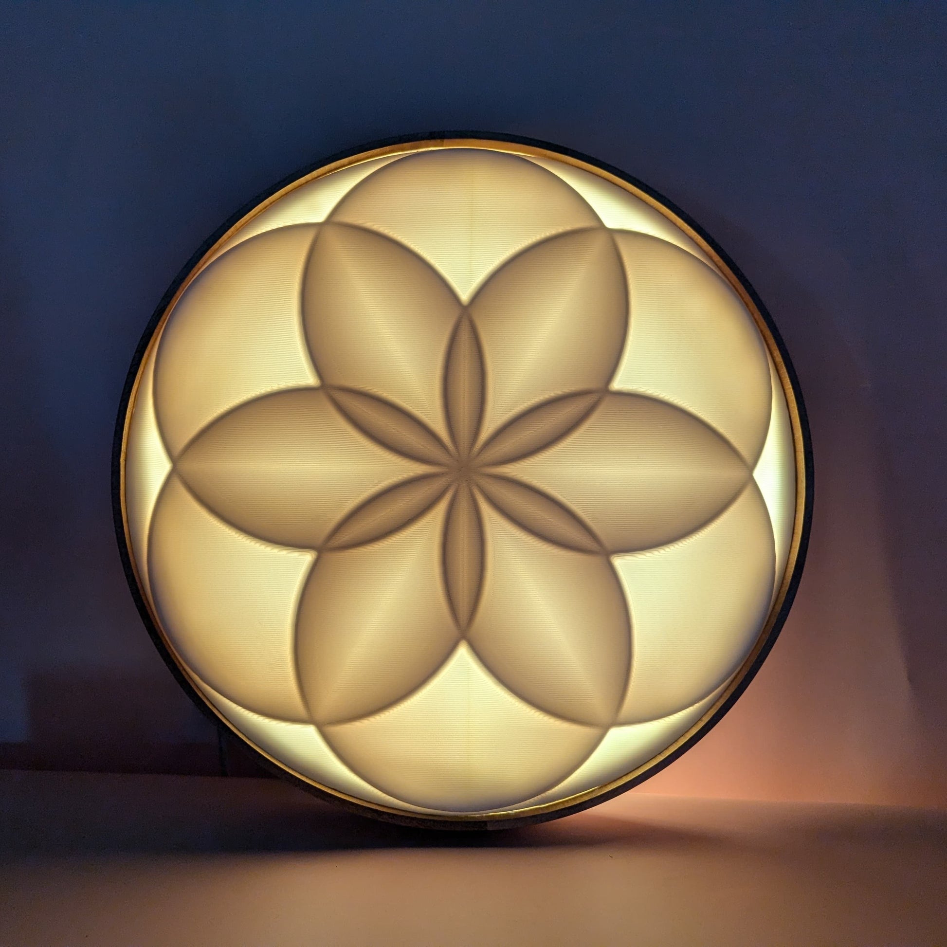 A circular wall light featuring a symmetrical floral pattern with overlapping petal-like shapes, emitting a warm, ambient glow.